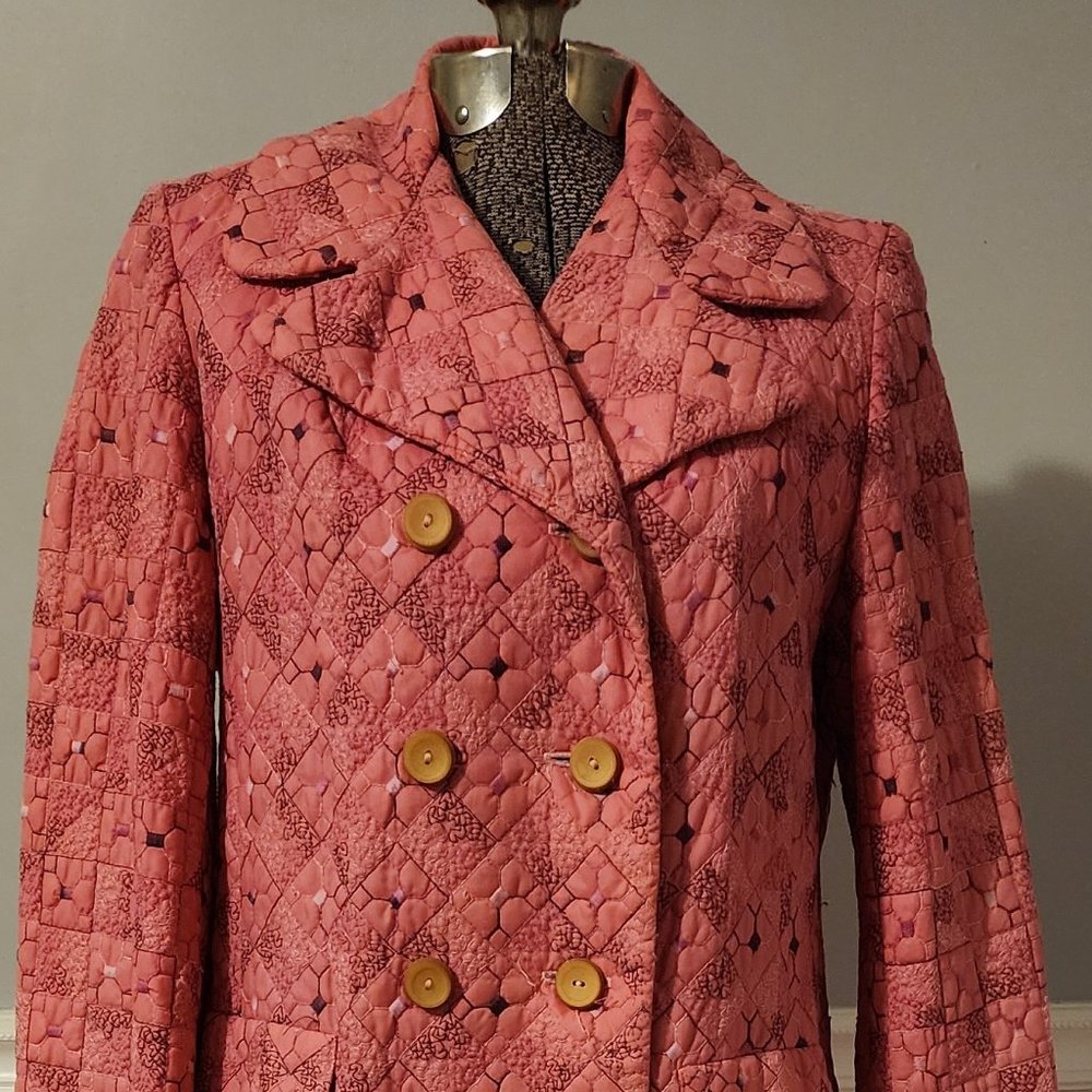 1960's Fabulous Nylon Blend Quilted and Embroidered Double Breasted Coat